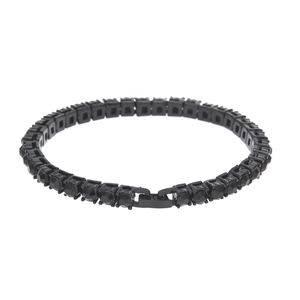 Close-up of a 5mm black tennis bracelet with sparkling dark rhinestones on a white background