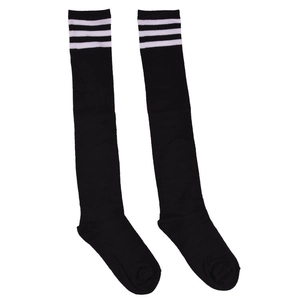Detail of black over-the-knee socks featuring three white stripes and cotton blend texture