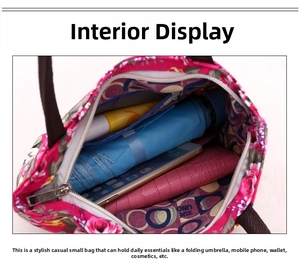 Internal compartment of floral canvas handbag with zipper pocket for umbrella and wallet