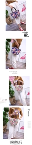Detailed magazine-style layout showing floral canvas tote bags in blue and beige