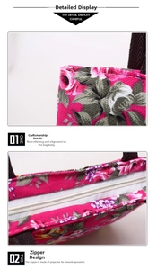 Detailed view of floral canvas lunch bag with reinforced stitching and polyester zipper
