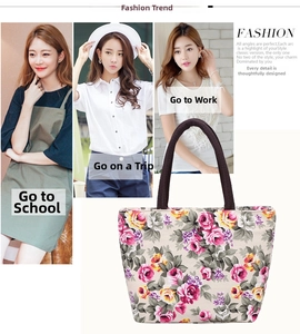 Floral canvas tote bag with pink roses shown in work, travel, and school scenes