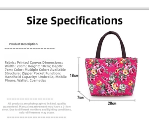 Detail showing the floral canvas tote dimensions of 28x18x7cm with red rose pattern