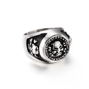Vintage punk silver skull ring for men with detailed engraving and stainless steel finish