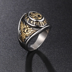 Vintage navy style men's stainless steel ring with gold anchor and veteran eagle relief