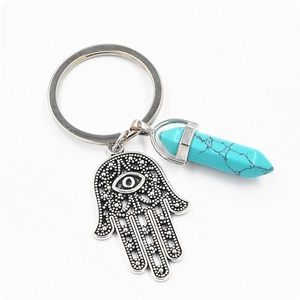 Détail du porte-clés Main de Fatma avec cristal hexagonal turquoise et anneau argenté