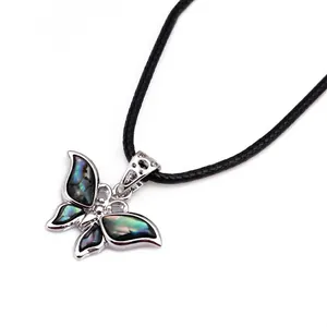 Handcrafted butterfly necklace with abalone shell pendant and black braided rope cord