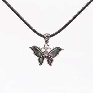 Handcrafted butterfly pendant necklace with iridescent abalone shell inlay on black cord
