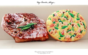 Realistic steak and shrimp pizza plush pillows with 3D digital food texture printing