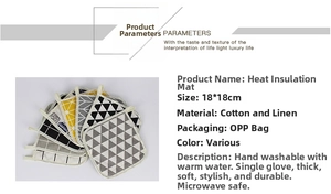 Detailed view of 18x18cm square thick cotton linen pot holders with geometric patterns