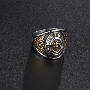 Vintage USN Navy anchor stainless steel ring with eagle motif and Vietnam memorial engraving