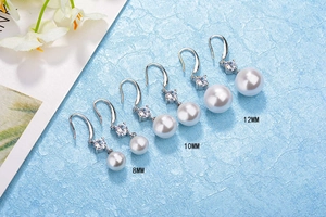 Comparison of 8mm, 10mm, and 12mm white pearl earrings with cubic zirconia hooks
