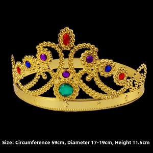 Golden plastic king crown with colorful gems for Halloween party dress up and kids birthday.
