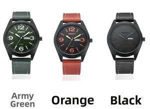 Tres relojes militares multifuncionales impermeables con correas de cuero en varios colores