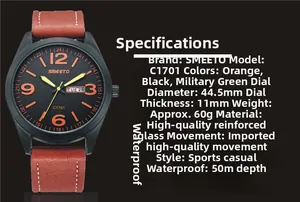 Especificaciones del reloj deportivo impermeable C1701 con esfera negra y cuero café