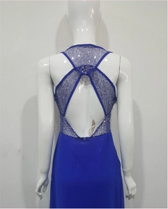 Elegant royal blue backless evening gown with silver sequins and mesh details