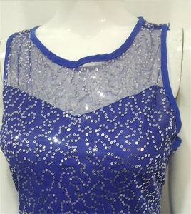 Elegant blue sequin sleeveless evening dress with a round neck and mesh details