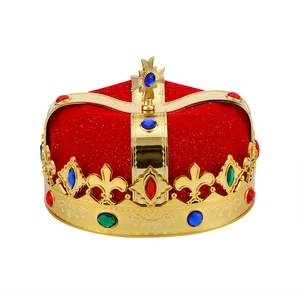 Golden royal king crown with red velvet and colorful gems for Halloween costumes
