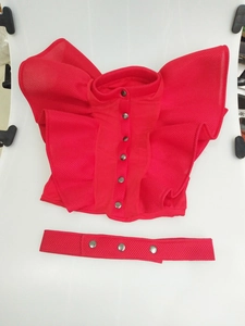 Detail shot of red mesh bodysuit featuring ruffled sleeves and metallic snap buttons