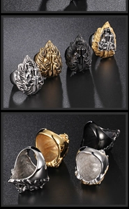 Detailed views of men's stainless steel lion head rings in gold, silver and black finishes