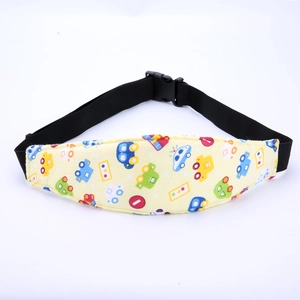 Detail of adjustable car seat head support strap with colorful cartoon car patterns