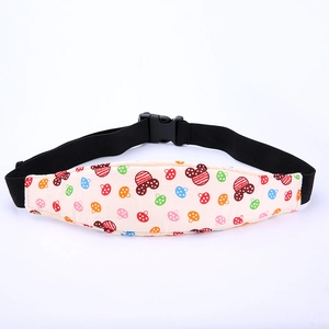 Close-up of baby head protector pillow with colorful patterns and adjustable black straps