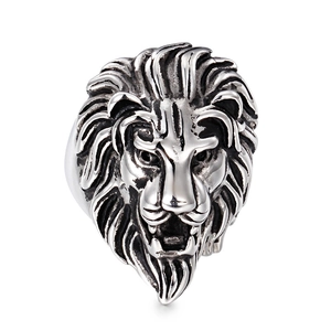 Rugged stainless steel lion head ring for men featuring detailed vintage silver finish