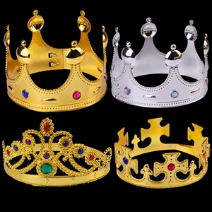 Detailed grid showing four gold and silver plastic king crowns with colorful faux jewels