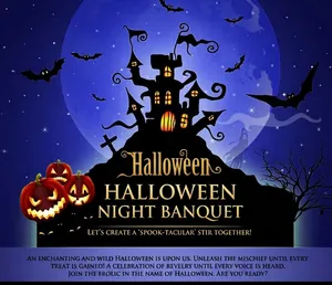 Poster di Halloween con sagoma di castello nero e luna per accessori per feste festive