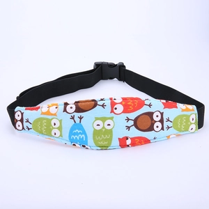 Blue owl pattern car seat head support strap with black buckle for toddlers