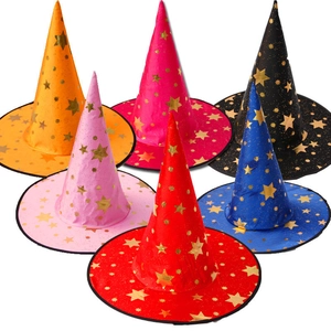 Detail of assorted wizard hats with gold star patterns in six vibrant colors