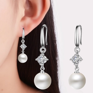 Elegant Drop Earrings Copper White ABS Artificial Pearl Zircon Inlaid Round Dangle For Women Korean Style Silver Plated