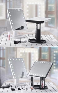 Black and white desktop LED makeup mirrors with storage tray and adjustable tilt angles