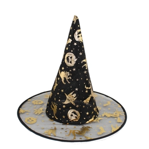 Close-up of black wizard hat with gold pumpkin and witch patterns on sheer mesh fabric