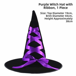 Detailed dimensions of black wizard hat with purple ribbon including 44cm brim and 38cm height