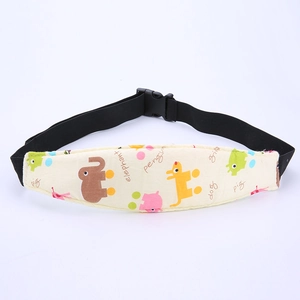 Detailed view of baby stroller head support belt with cute cartoon animal prints and buckle