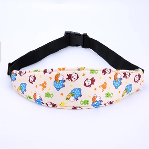 Detail of adjustable safety strap for infant car seat with cartoon animal patterns