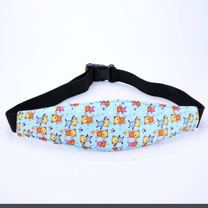 Blue toddler car seat head support strap with cute cartoon bear pattern and soft padding