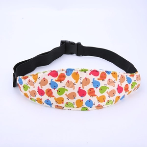 Detail of adjustable buckle and elastic strap on child car seat head support band