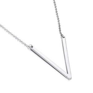 Minimalist silver V-shaped pendant necklace in titanium steel on a white background