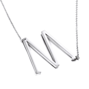 Minimalist silver letter M pendant necklace in polished stainless steel for women