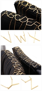Detail of 26 English letter pendants in gold finish on black leather display background