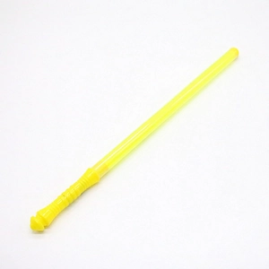Detail shot of the yellow textured handle and translucent plastic body of a light stick