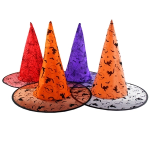 Detail of Halloween witch hats with colorful spider web and pumpkin gold foil prints