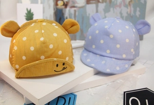 Detailed close-up of baby baseball caps with polka dots, soft brims and cute animal ears