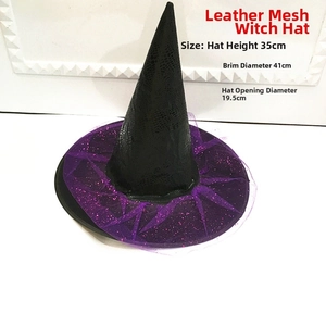 Chapeau de sorciere Halloween en cuir noir et filet paillete violet pour deguisement.