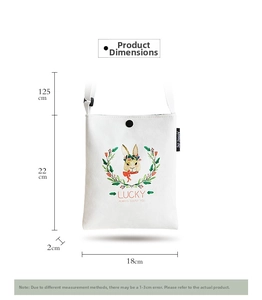 Detailed dimension chart for a white canvas messenger bag featuring a cute rabbit print