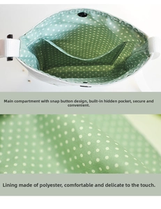 Detail of canvas bag interior showing snap button closure and green polka dot lining