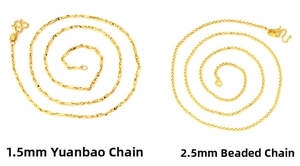 Comparison of 1.5mm gold ingot link chain and 2.5mm bead chain with S-hook clasps