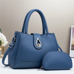 Navy blue lychee leather handbag set with teardrop metal buckle and matching coin purse